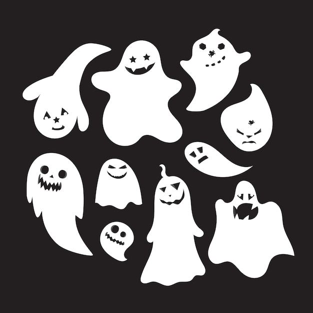 Set of halloween emotional ghosts isolated on black background