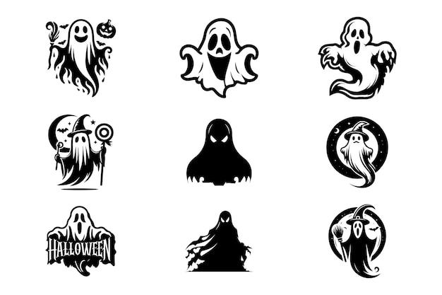 Vector set of halloween ghost vector logo icon doodle halloween ghost with eyes silhouette black and