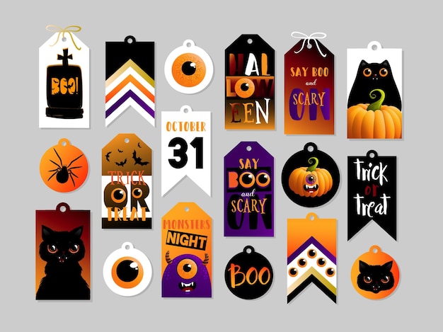 Vector set of halloween gift tags. cute and scary label, badges templates. printable greeting cards. vector illustrations