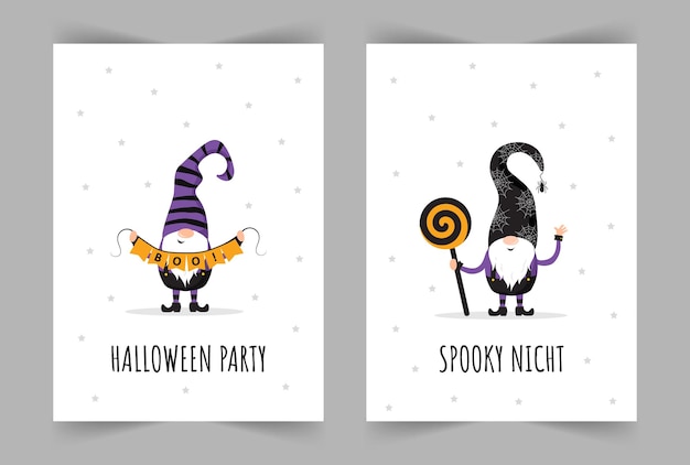 Set of Halloween greeting cards Cute scandinavian gnomes