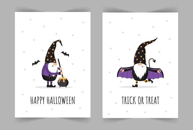 Set of Halloween greeting cards Cute scandinavian gnomes