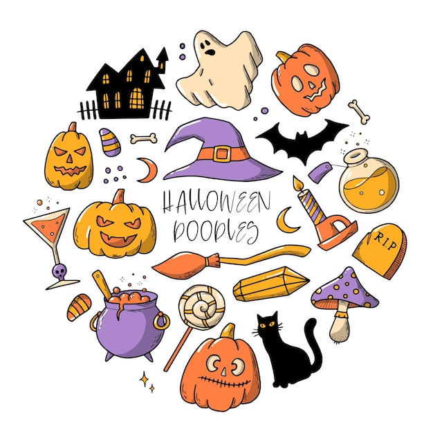 set of halloween hand drawn doodles