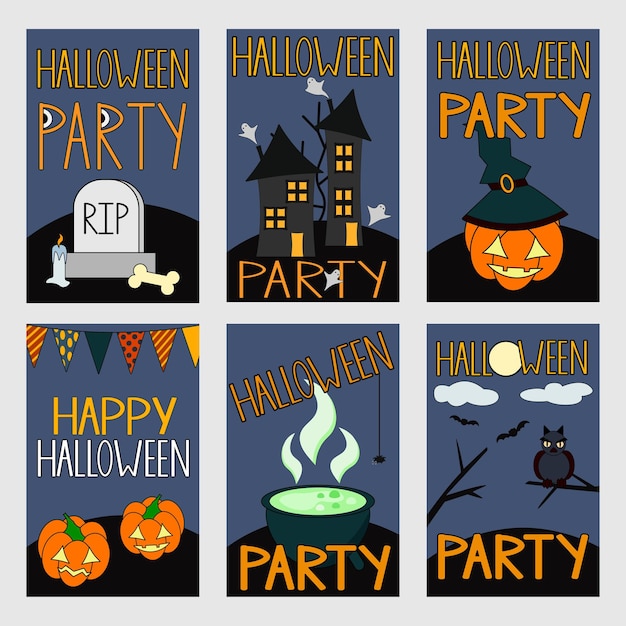 Set of Halloween invitation or greeting card templates. Vector illustration.