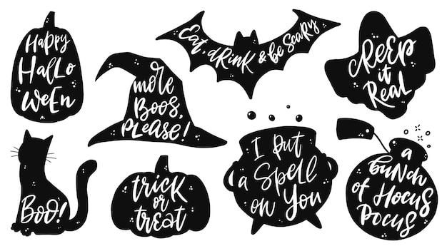 set of Halloween lettering quotes and silhouette