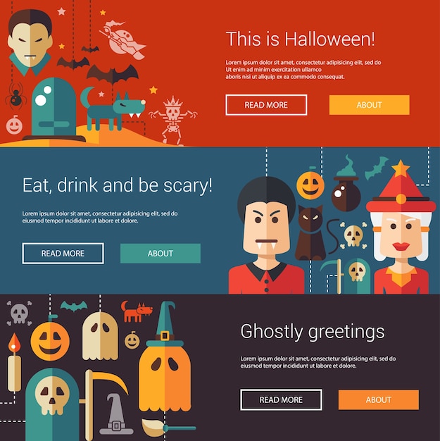 Set of  Halloween   modern illustrations, banners, headers with icons and characters. Flyers for party
