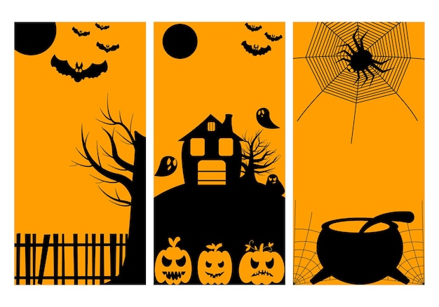 Set of Halloween party invitations or greeting cards with traditional symbols.