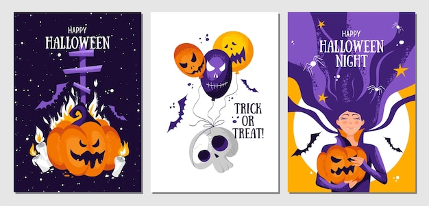 Set of halloween postcards with devil pumpkin cross candles skull balloons cute vampire woman