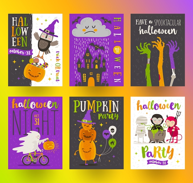 Set of Halloween posters or greeting card with cartoon characters, holiday sign, symbols and type design. illustration.