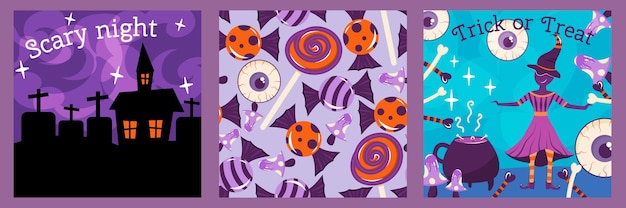 Set of Halloween posters with a witch candy and a creepy house Cute illustrations with characters