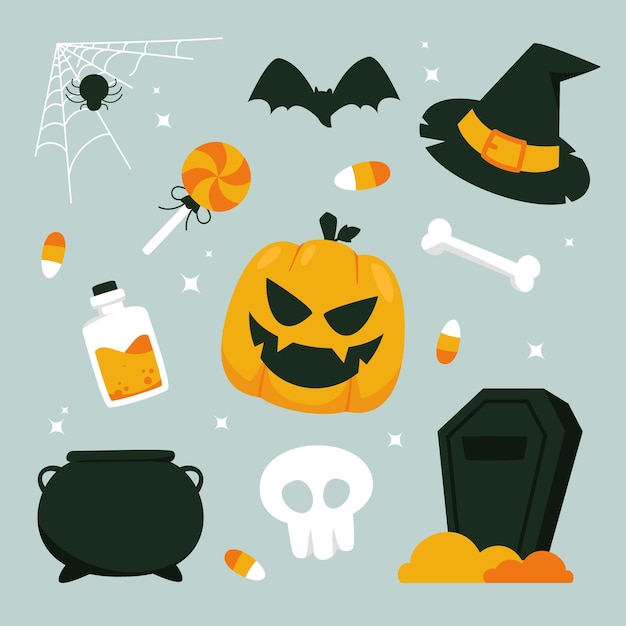 set of Halloween pumpkin flat illustration in background