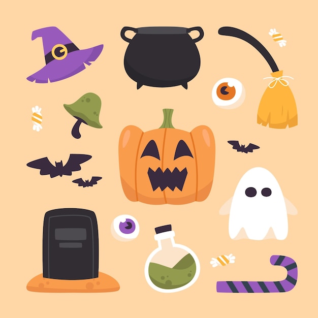 set of Halloween pumpkin flat illustration in background