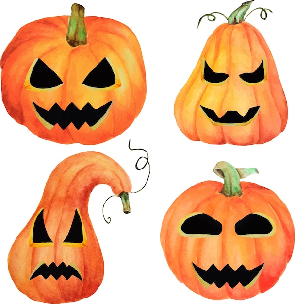 A set of Halloween pumpkin Jack, isolated object on the white background, watercolor hand drawn illustration, cartoon characte