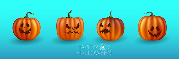 Set of halloween pumpkins, funny faces. Autumn holidays. Vector illustration EPS10. Yellow pumpkins for Halloween. Jack-o-lantern facial expressions.