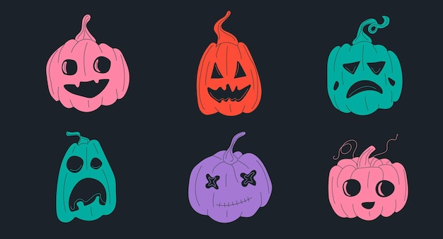 Set of halloween pumpkins, funny faces.Vector set in cartoon style.