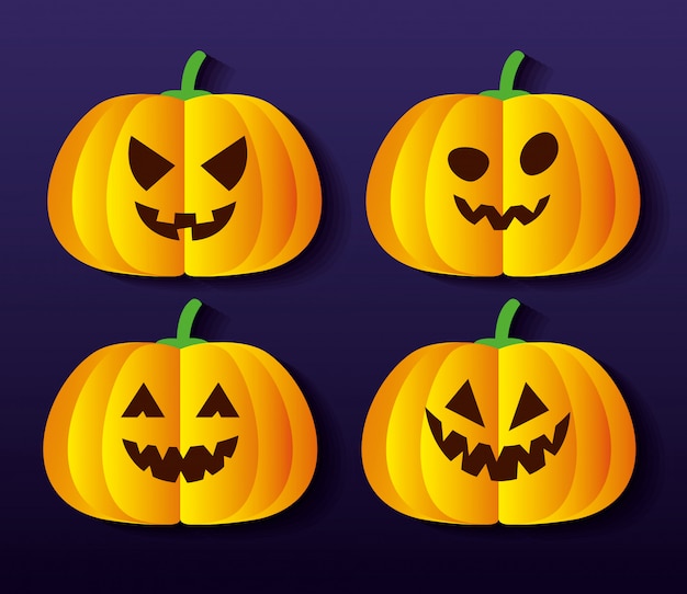 Set of halloween pumpkins in paper cut style