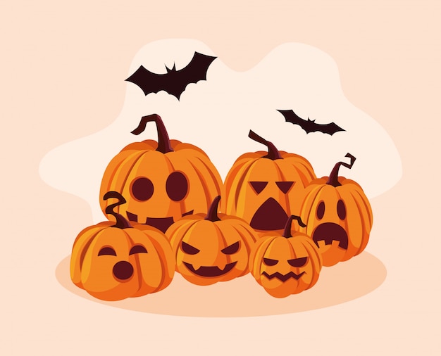 Set of halloween pumpkins with bats flying