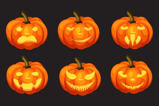 Set of Halloween pumpkins with a cut-out grimace isolated on dark background. Happy Halloween concept. Autumn holidays.