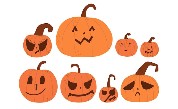 Set of Halloween pumpkins with different emotions Vector illustration hand drawn in style