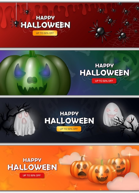 Set of Halloween sale posters. Banners with 3d pumpkins, ghosts, spider, graves, flowing blood, etc.