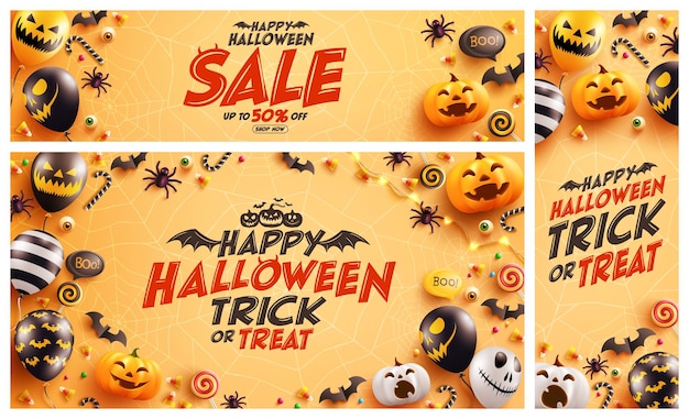 Set of Halloween Sale Promotion Poster with Halloween Ghost Balloons on Orange background.Scary air