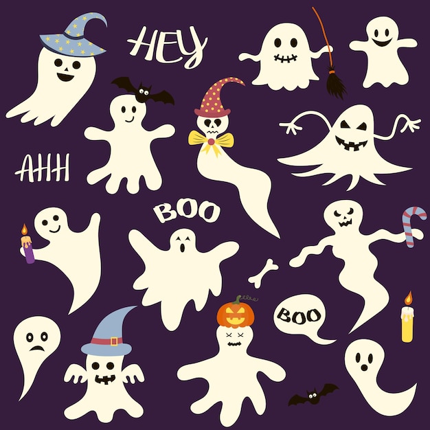 Set of Halloween scary ghosts. Perfect for holiday, decoration, stickers, icons.