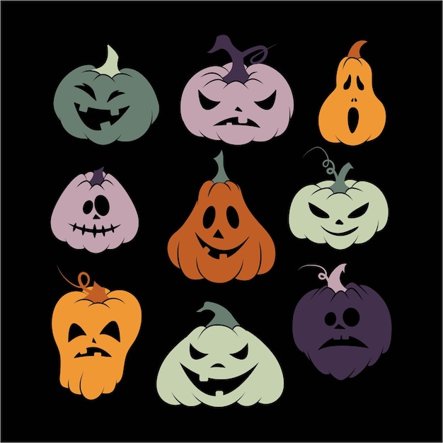 Set of Halloween scary pumpkins. Flat style vector spooky creepy pumpkins