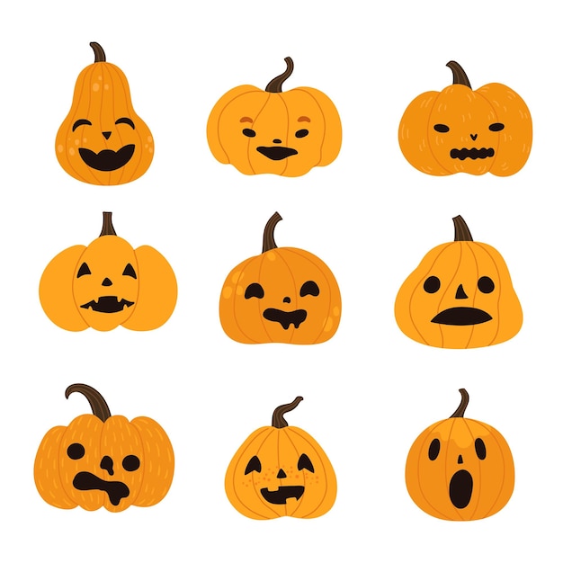 Set of Halloween scary pumpkins. Flat style vector spooky creepy pumpkins.