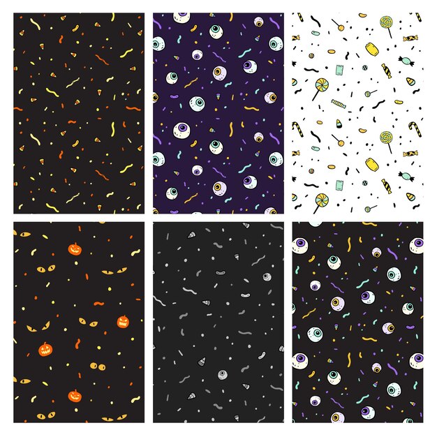 Vector set of halloween seamless pattern with candy pumpkin eyeball cat eye hand drawn vector illustration