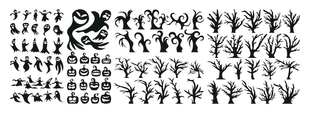 Set of Halloween Silhouette Icon and Character Halloween Vector Illustration Isolated on White Background