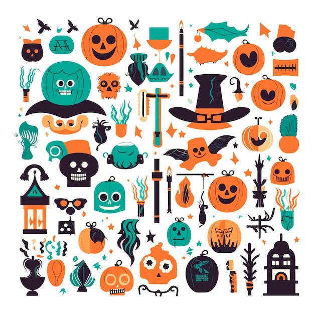 Set of halloween silhouettes colorful icon and character Vector illustration Isolated