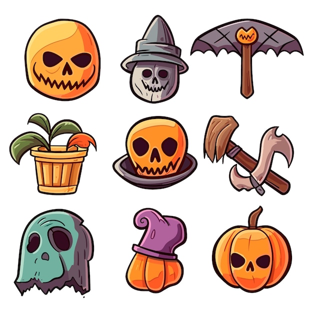 Set of halloween silhouettes colorful icon and character Vector illustration Isolated