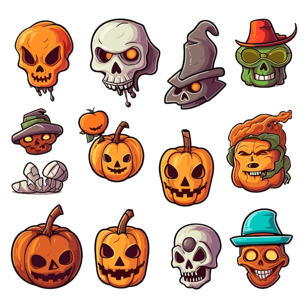 Set of halloween silhouettes colorful icon and character Vector illustration Isolated