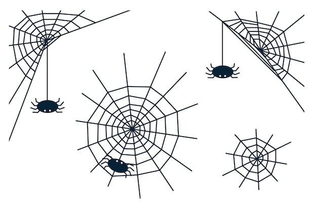 Vector set of halloween spiders and webs black isolated illustration on white background editable icons