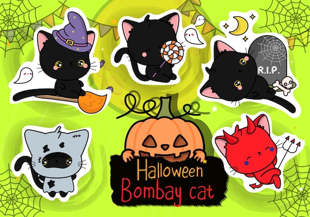 Set of Halloween Stickers. Collection of Kawaii Halloween Cat Illustration.