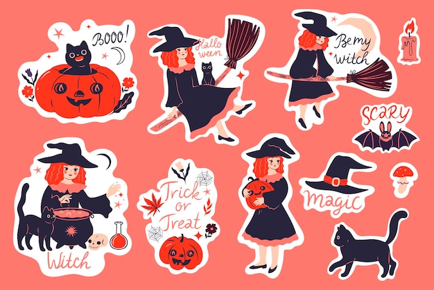 Set of Halloween stickers with witches cats pumpkins inscriptions