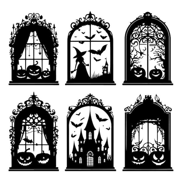 Set of Halloween window silhouettes isolated on a white background Vector illustration