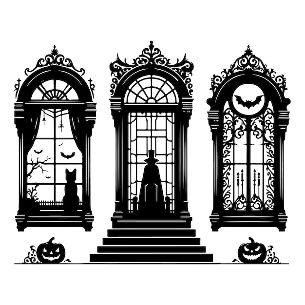 Set of Halloween window silhouettes isolated on a white background Vector illustration