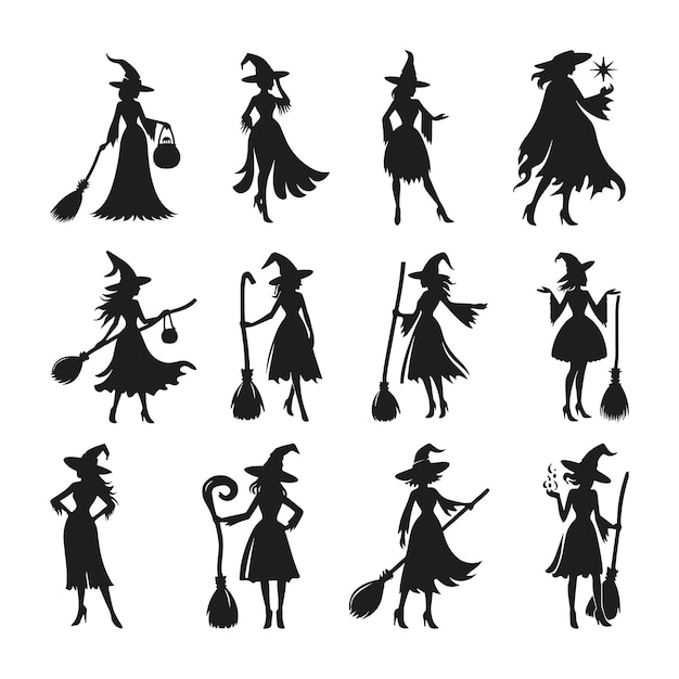 Vector a set of halloween witch silhouette vector