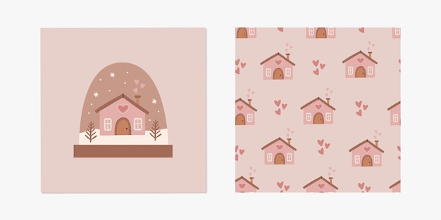 Set of hand Christmas greeting card and winter seamless pattern in scandinavian style