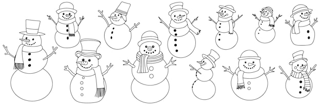 Set of hand dranw snowmen isolated on white background Big collection of outline snowman Vector