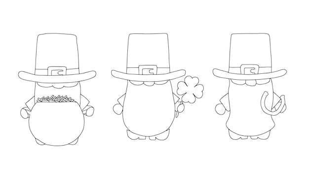 Set of Hand draw outline leprechauns. Line art leprechaun with cauldron and coins, shamrock,