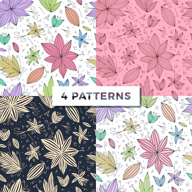 Set Hand draw seamless doodle pattern with flower line