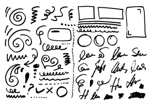 Set of hand drawn abstract vector symbols and doodle markers Ink pencil brush strokes signature.