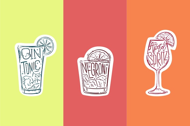 Set of Hand Drawn Alcohol Drinks on Color Backgrounds, Aperol Spritz, Negroni And Gin Tonic.