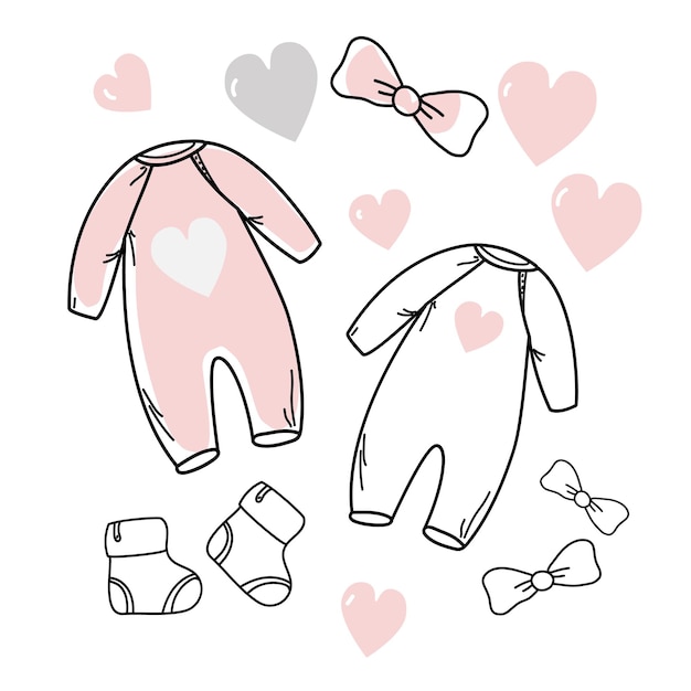 Set  hand drawn baby girl Cartoon sketch style doodle for icon banner Elements little girls clothes