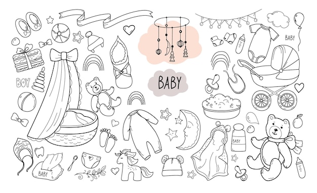 Set of hand drawn baby and newborn doodle Cartoon sketch style