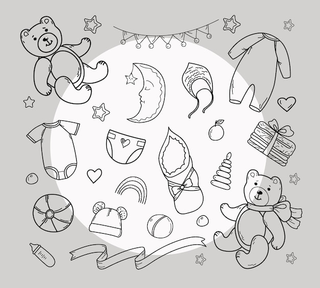 Set of hand drawn baby and newborn doodle for icon banner