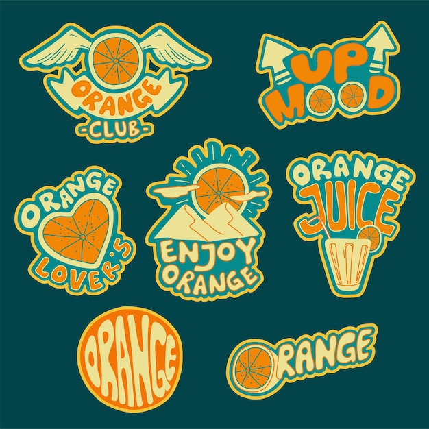 Set of hand drawn badges orange orange lovers sticker logo and emblem premium vector