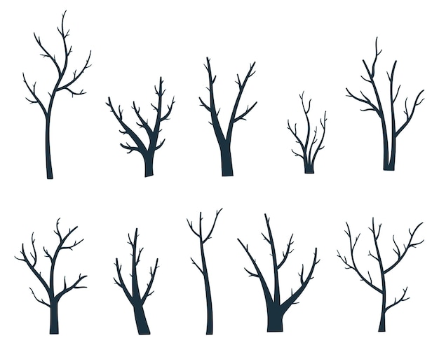 Set of hand drawn bare tree silhouettes black and white vector illustration