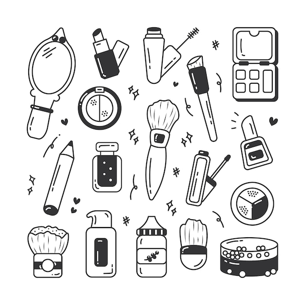 Set of hand drawn beauty and cosmetic products in doodle black line icon illustration